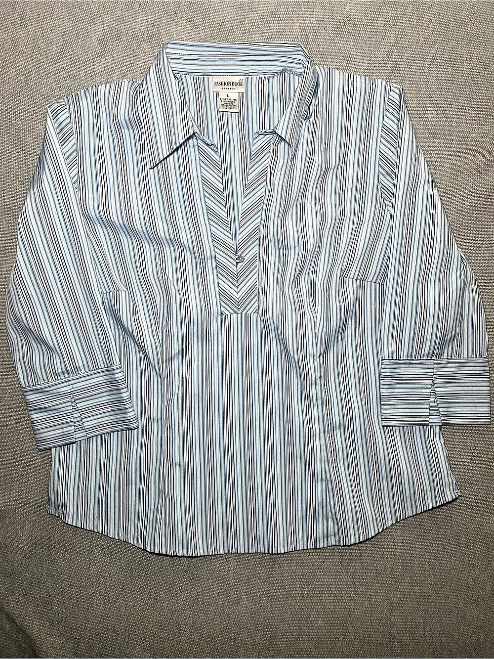 Fashion Bug Women’s Large Blue Striped Popover Blouse 3/4 Sleeve V-Neck Shirt L